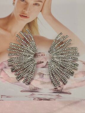 Vintage Large 80s 90s Crystal Encrusted Starburst Fan Silver Statement Earrings